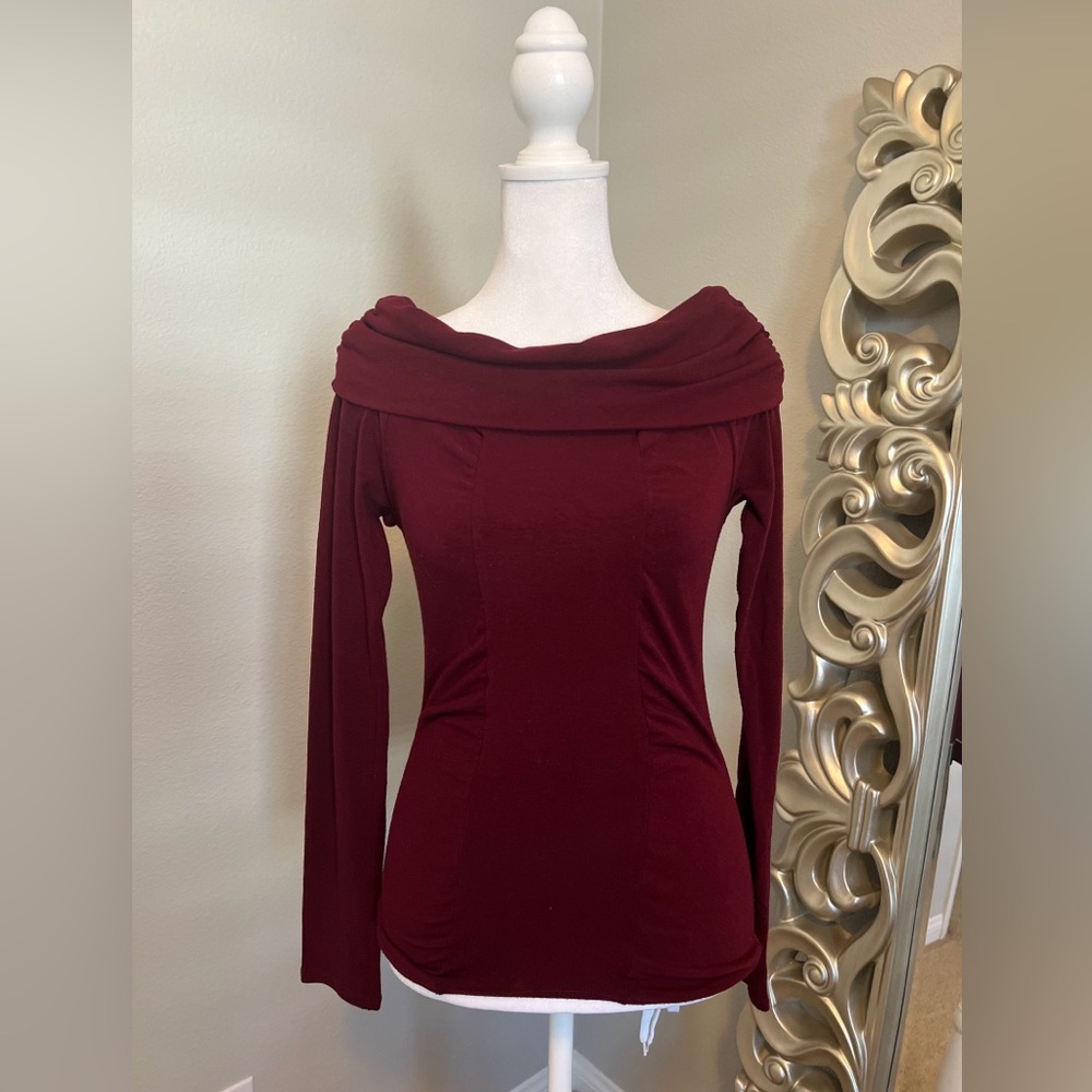 ire Maroon Long Sleeve Fold Over Off Shoulder Sweater Shirt Size Small